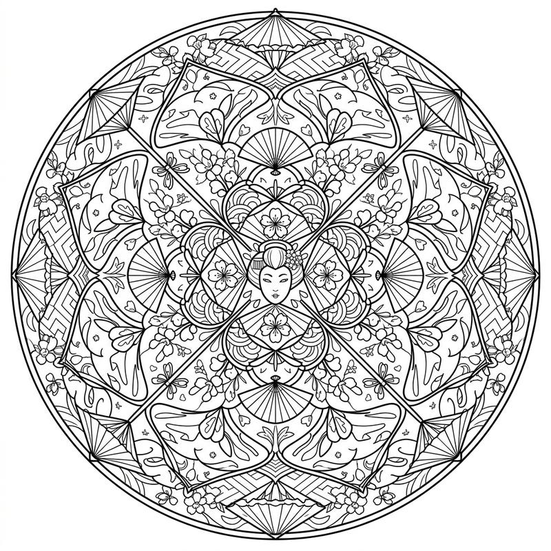Discover the serene beauty of a Geisha in this exquisitely detailed mandala coloring page, echoing the elegance of Kyoto's Gion district. Its symmetrical design combines traditional Japanese motifs with a captivating artistic challenge.
