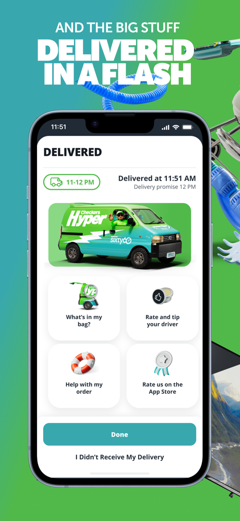 Checkers Sixty60 - Checkers Sixty60 delivery confirmation screen showing a delivery van and order details