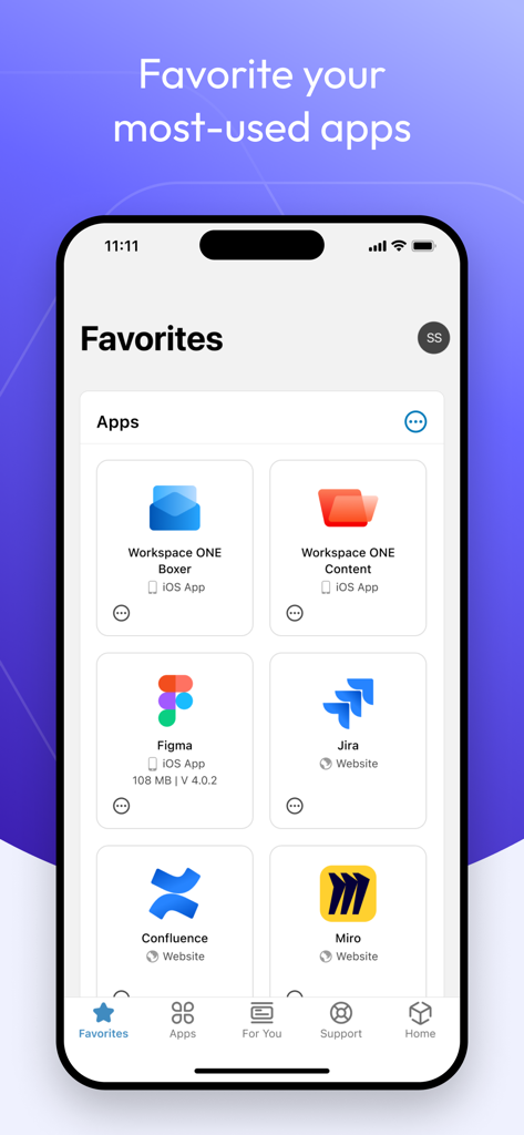 Tela de favoritos do aplicativo Intelligent Hub exibindo aplicativos corporativos usados com frequência, como Figma e Jira