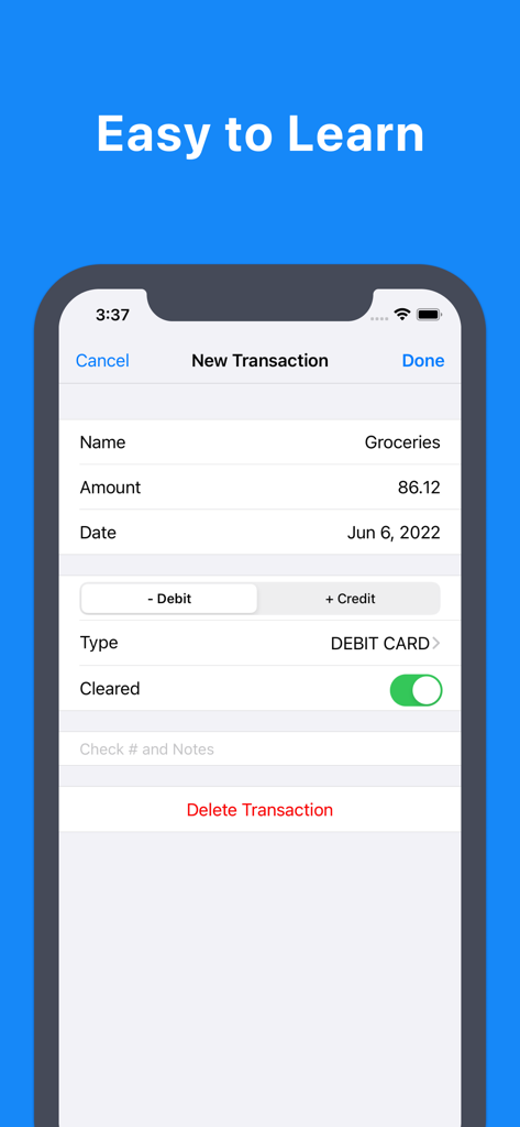 Una interfaz simple de aplicación móvil para ingresar una nueva transacción con tarjeta de débito para comestibles.