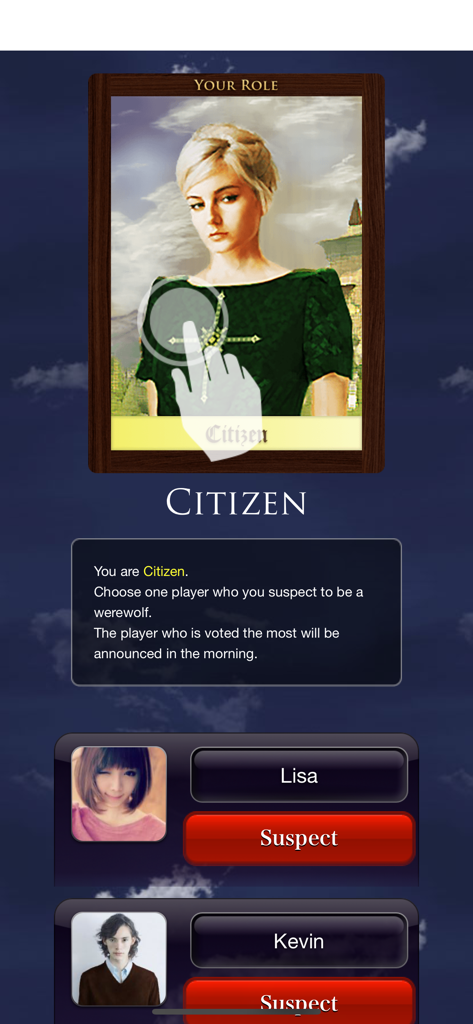 Werewolf Special Package - Screenshot of the Werewolf Special Package app showing the Citizen role card and options to suspect other players.