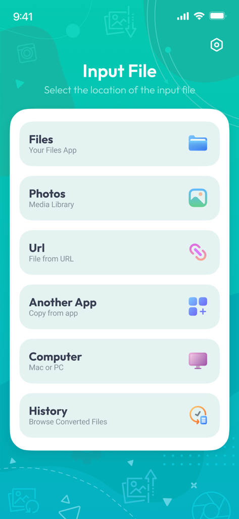 Interface showing options to select an input image from Files, Photos, URL, or Computer for conversion.