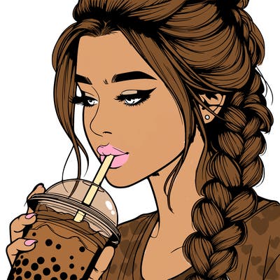 realistic girl drinking boba tea with braided hair