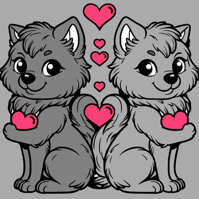 2 wolves back to back with hearts