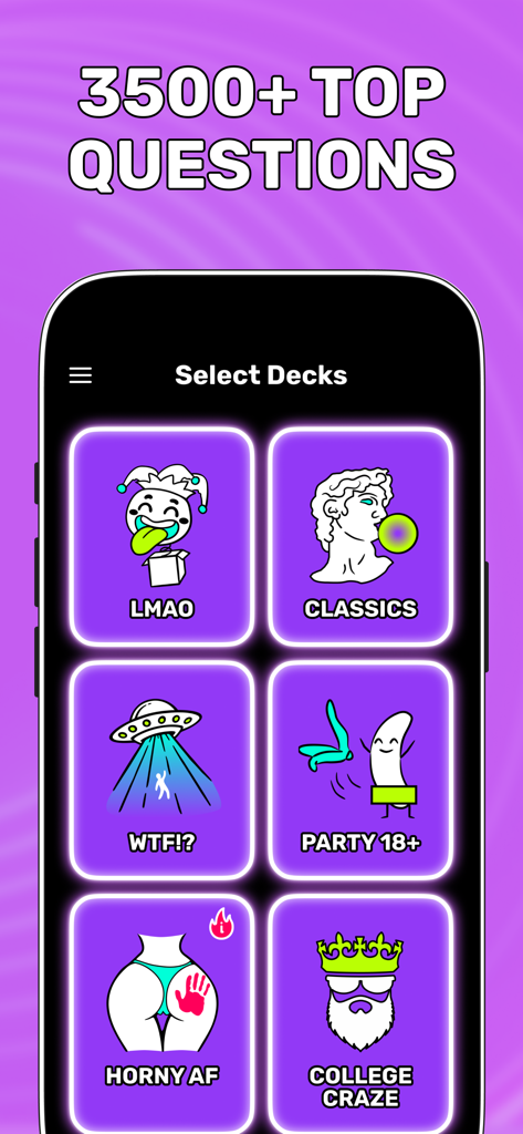 Truth or Dare Dirty 18+ - Selection screen of Truth or Dare Dirty 18 plus app showing various game categories like Horny AF and College Craze