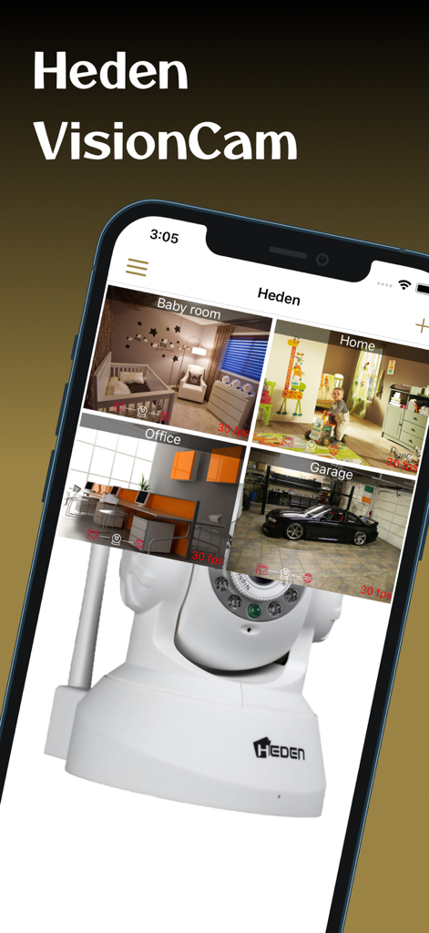 Aplicativo Heden VisionCam em um smartphone exibindo uma visão multi-câmera para monitoramento de segurança residencial e de escritório