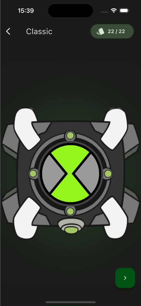 Classic Omnitrix simulator interface with green hour glass symbol