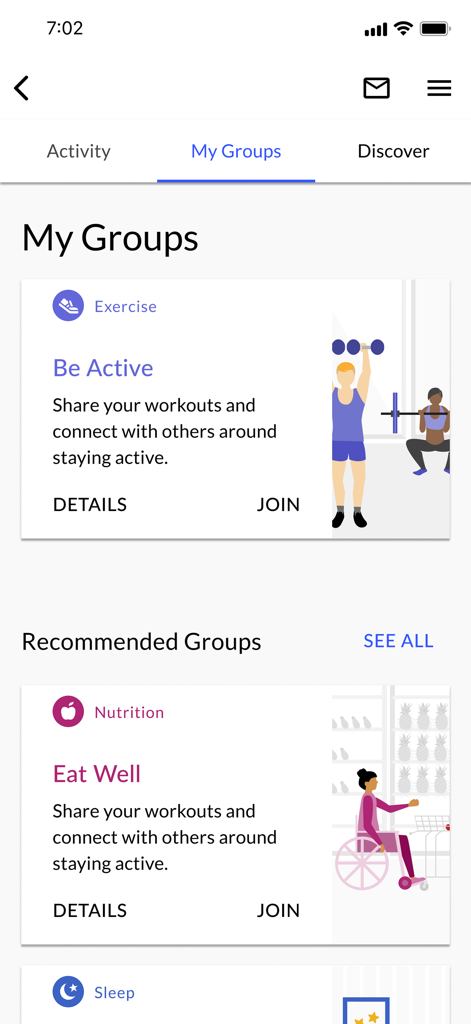 Uma captura de tela da seção Meus Grupos no aplicativo Bem-Estar ao Seu Lado mostrando desafios de comunidade de exercícios e nutrição