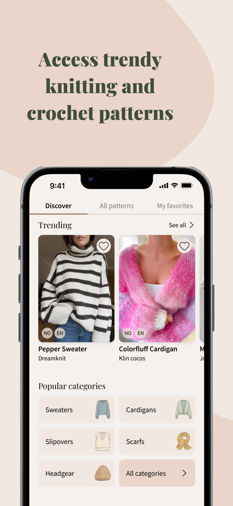 Knitandnote: Knitting App - A smartphone screen showing the Knitandnote app discovery page with trending knitting patterns and categories like sweaters and cardigans