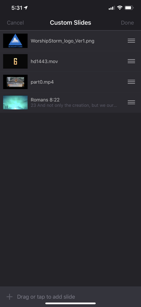 WorshipStorm Projector - Custom slides management interface showing logo videos and scripture for church presentation