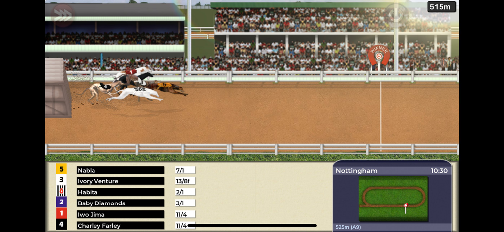 Greyhound Manager Touch - A greyhound race simulation featuring a leaderboard and track map at a UK venue.