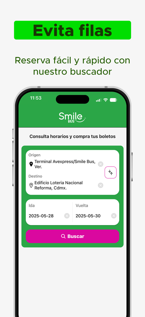 Smilebus - ベラクルスからメキシコシティへのバスチケット予約のためのSmilebusアプリ検索インターフェース