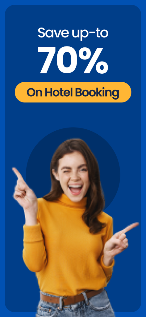 Cheap Hotels・Hotel booking app - A happy young woman pointing to a save up to 70 percent on hotel booking promotion