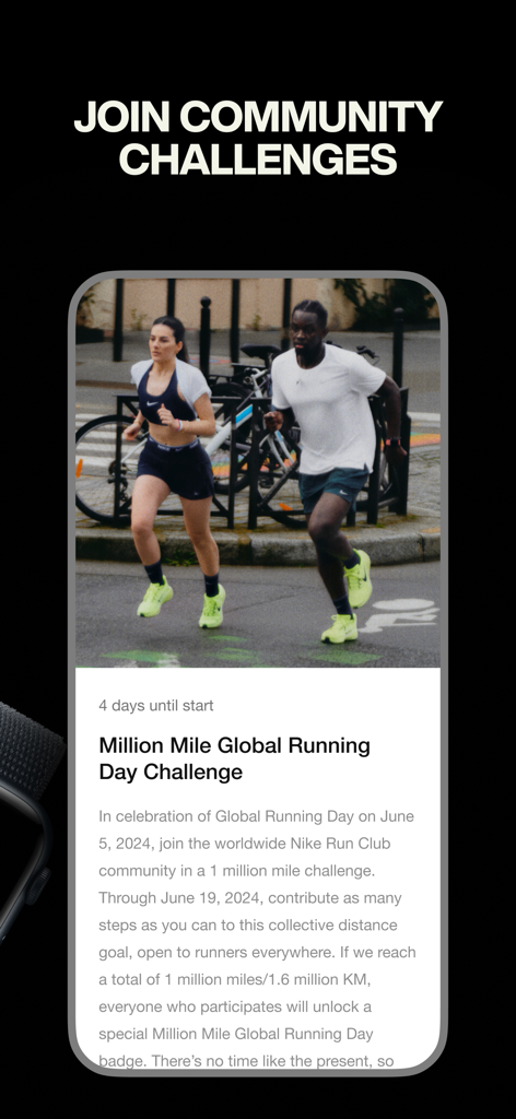 Nike Run Clubアプリのインターフェース、グローバルコミュニティランニングチャレンジに参加するための画面