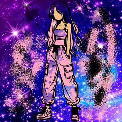 girl in baggy pants crop top and long hair