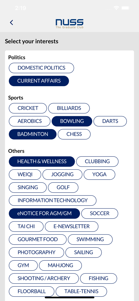 Member interest selection screen in the NUSS mobile app showcasing diverse professional and leisure activities