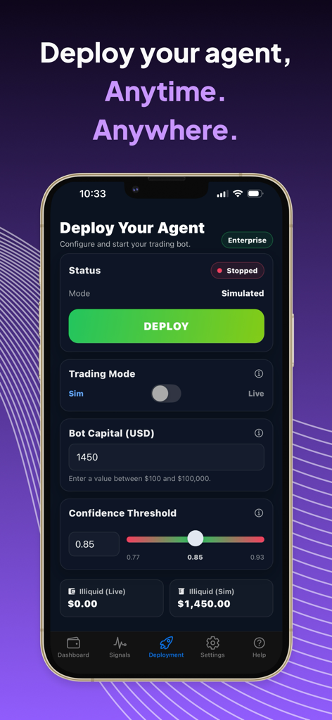 BeNow: AI Crypto Trader Bot - Interface of BeNow AI Crypto Trader Bot showing settings for deploying a trading agent with capital and confidence options