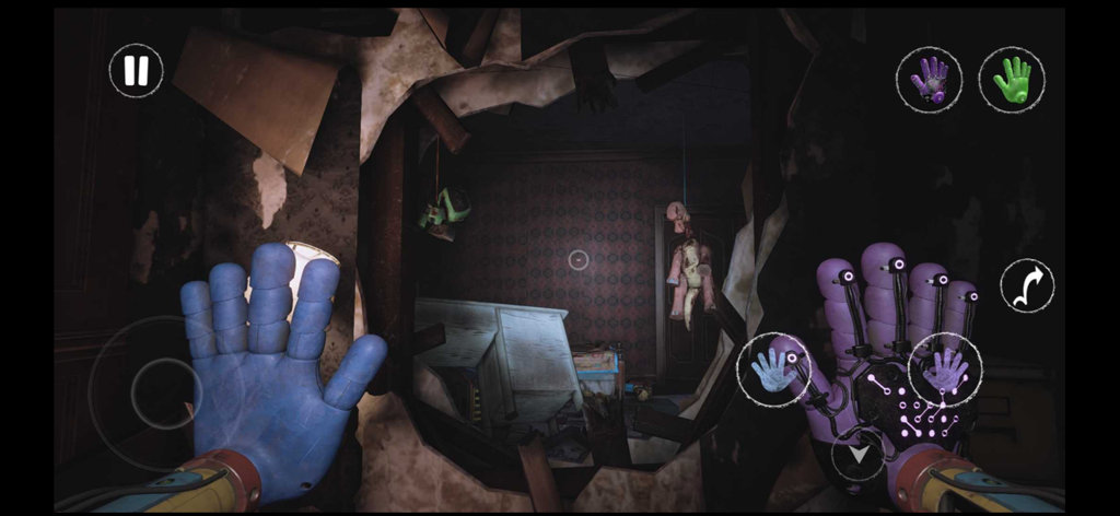 First person view of the upgraded GrabPack hands in a dark room within Poppy Playtime Chapter 3