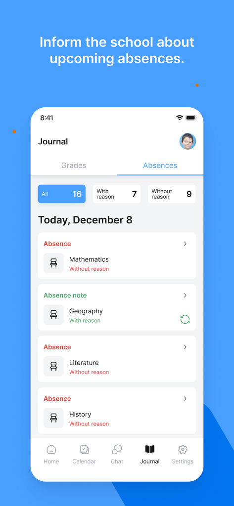 eKool - eKool app interface displaying a student's school absence record and attendance statistics