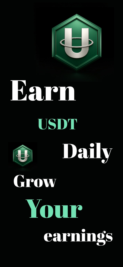 Promotional graphic for USDT Mining app with the text Earn USDT Daily Grow Your earnings and cryptocurrency icons