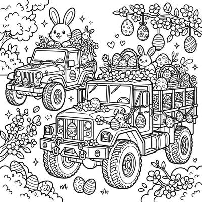 Get ready for a one-of-a-kind Easter celebration with these robust military trucks, playfully decorated with bunnies, eggs, and spring blossoms. This engaging coloring page offers a delightful blend of power and festive cheer, perfect for a creative spring activity.