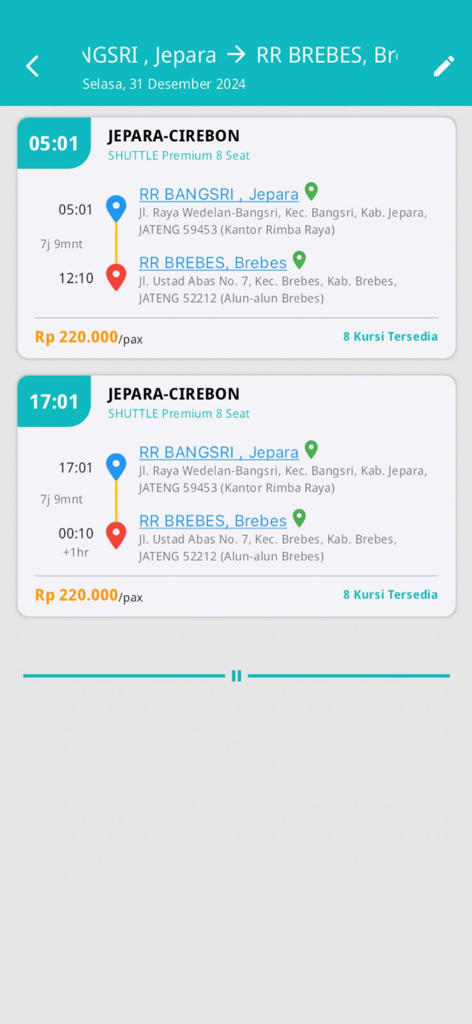 Rimba Raya Travel app screen showing shuttle schedules and ticket prices for routes in Indonesia