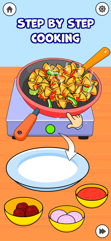 Toddler Cooking Games for Kids - Educational toddler game screen showing a frying pan with pasta and step by step instructions.