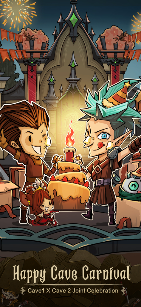 The Greedy Cave - Characters from The Greedy Cave celebrating the Happy Cave Carnival with a large three tiered cake and fireworks