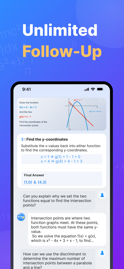 Solvify: AI Homework Helper - Solvify app screenshot showing the unlimited follow up feature with an AI tutor explaining math steps