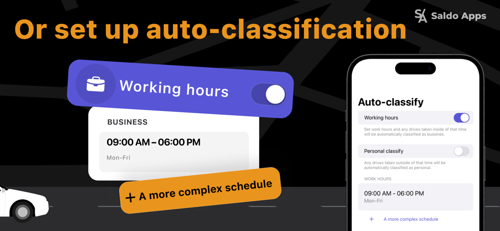 Interface do aplicativo Mileage Tracker mostrando configurações de classificação automática para viagens comerciais e pessoais com base no horário de trabalho