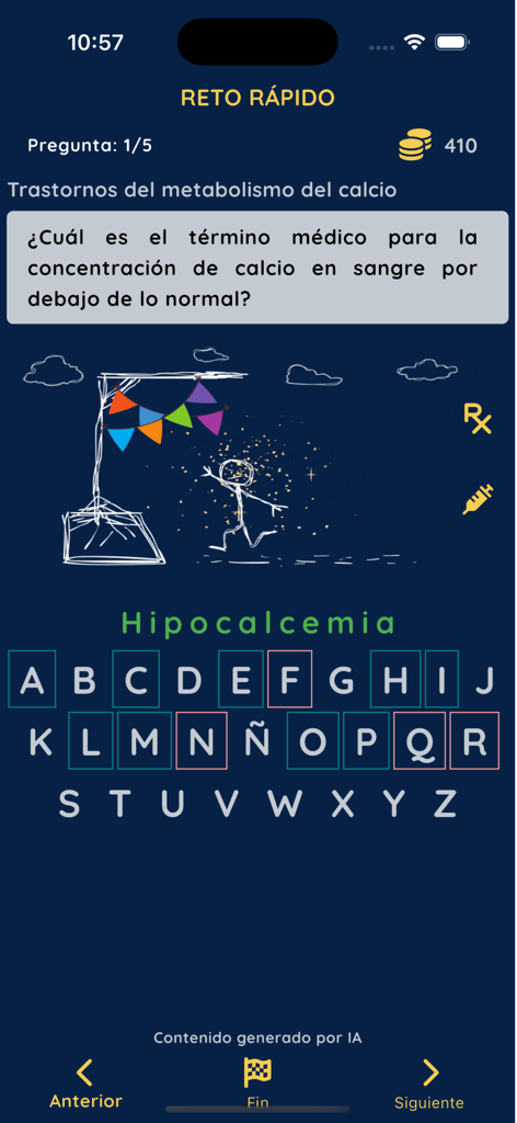 RetoMedico - Pantalla del juego de ahorcado de terminología médica de la aplicación RetoMedico