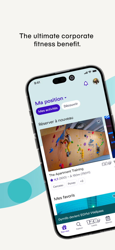 Wellpass app interface showing corporate fitness benefits and gym booking options