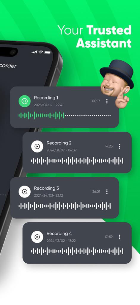 Tela de smartphone exibindo uma lista de chamadas gravadas com formas de onda de áudio e timestamps em uma interface de aplicativo profissional.