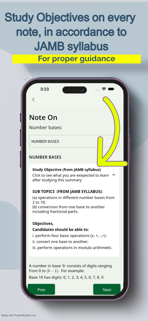 Smartphone screen showing JAMB syllabus study objectives and notes for number bases in the LFX app.