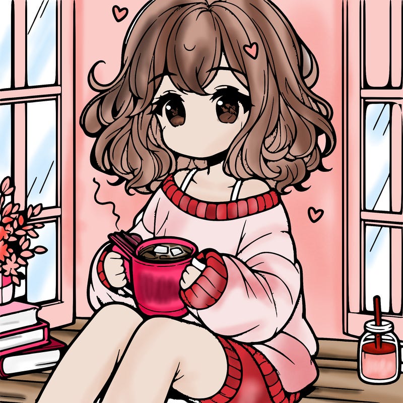 cute anime girl reading book and drinking hot chocolate from mug with loose wavy hair wearing a baggy sweatshirt and shorts sitting by windowsill looking out
