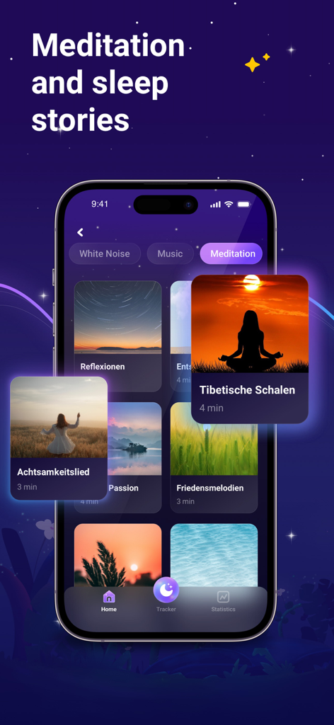 iPhoneにSleep Wellアプリの瞑想と睡眠物語のオプションが表示されています。