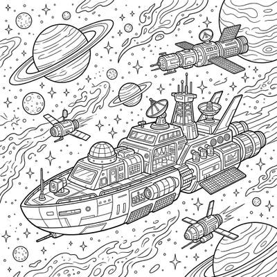 Dive into an epic space voyage with this detailed coloring page featuring a state-of-the-art scientific research ship. Explore planets, stars, and cosmic wonders as you bring this interstellar adventure to life with your favorite colors.