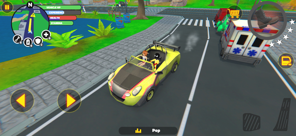 Stick Hero Simulator - Stickman character driving a yellow sports car in a 3D open world city