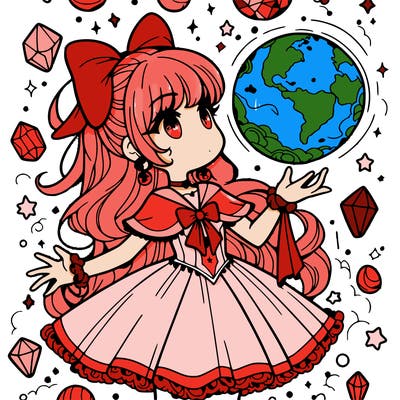 magical girl with floating orb in hand  crystals everywhere.