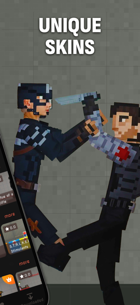 Addons & Melon Mods - Dos personajes pixelados en combate mostrando skins únicas en la app de mods de Melon Playground