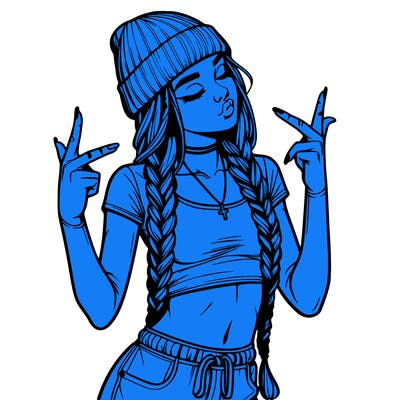 realistic teenage girl with braids and a beanie and crop top doing 🫶🏼