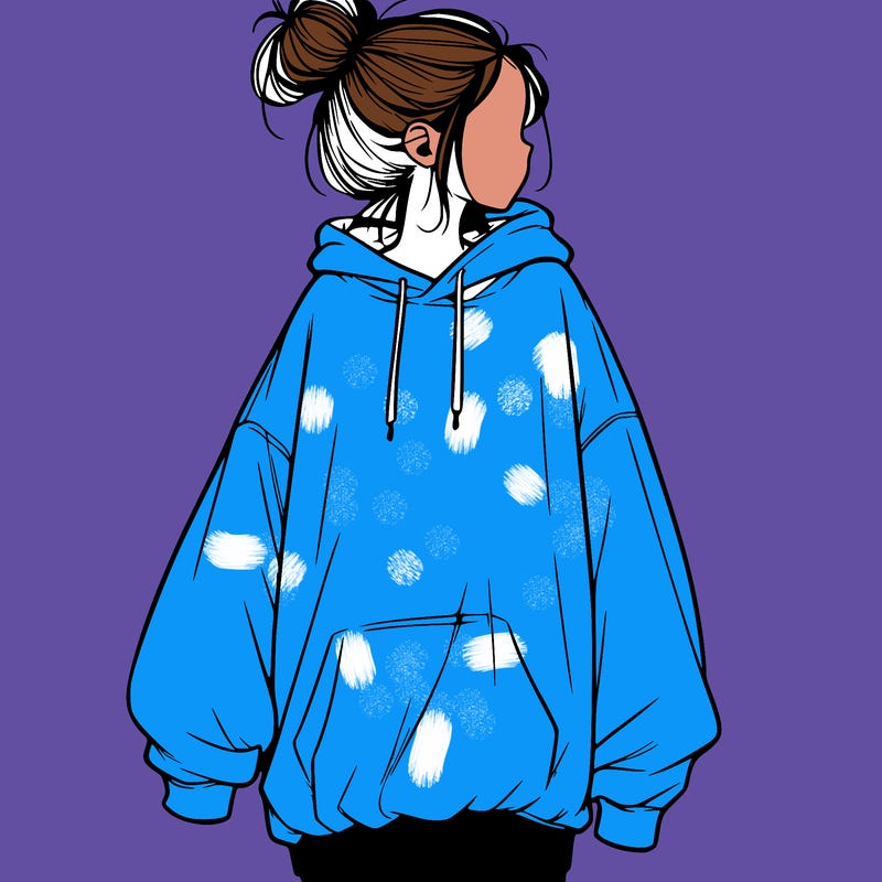realistic girl with a oversized sweatshirt on and a bun
