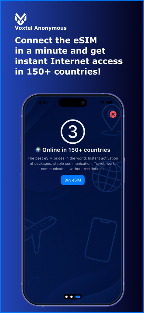 Interfaz de la aplicación VoxTel Anonymous que muestra la activación instantánea de eSIM para acceso a Internet en más de 150 países