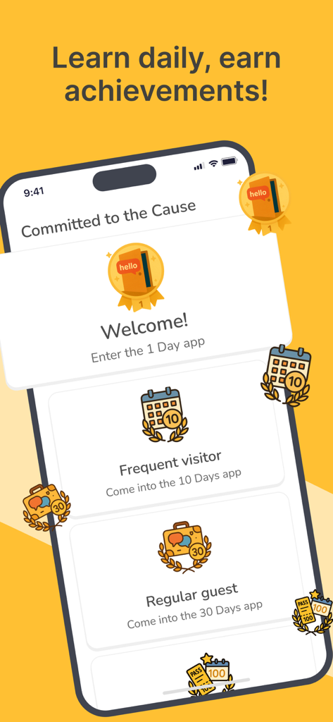 AI French Minute - Mobile app screen showing language learning achievements and daily progress badges