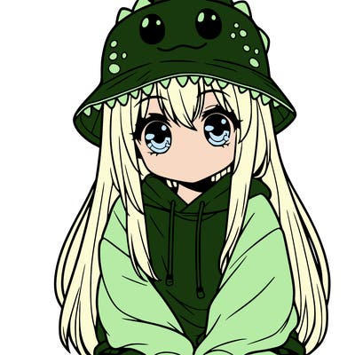 girl with anime shaped eyes with a dinosaur bucket hat oversized sweatshirt long straight hair