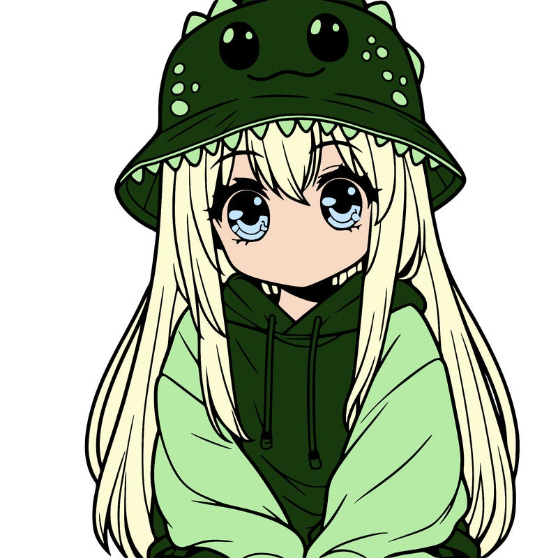 girl with anime shaped eyes with a dinosaur bucket hat oversized sweatshirt long straight hair
