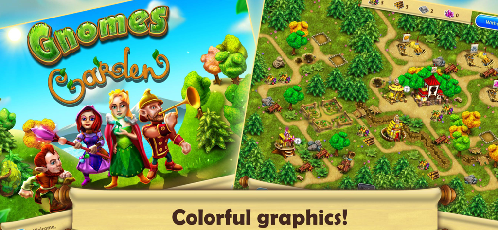 Gnomes Garden Chapter 1 game interface showing characters and a colorful resource management level