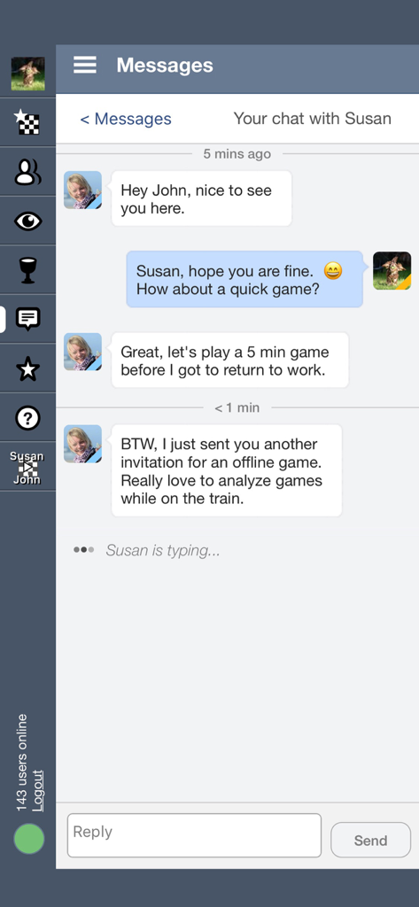 In-app messaging interface showing players discussing a game in Shredder Chess Online