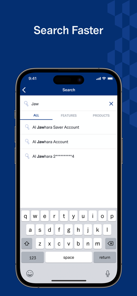 NBKモバイルバンキングアプリの検索画面。Al Jawharaのアカウント結果が表示されています。