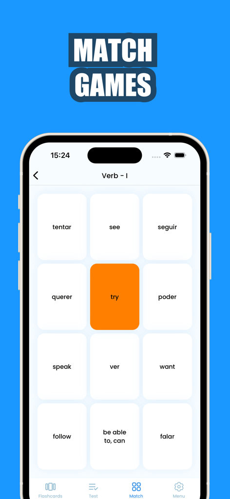 Learn Portuguese • - Portuguese vocabulary matching game screen showing verb flashcards